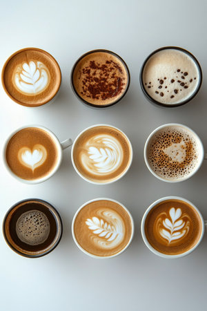 Ten coffee cups with artistic foam designs are arranged on a white surface.の素材