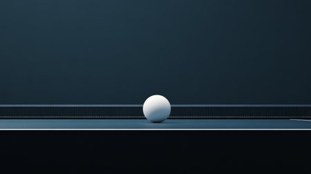 A ping pong ball is perfectly balanced on the edge of a blue table, reflecting the low light of the surrounding area. The atmosphere is tense, hinting at an exciting match about to unfold.の素材