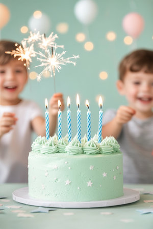 Two children joyfully celebrate a birthday with a mint green cake topped with candles. They hold sparklers, creating a festive atmosphere filled with cheerful decorations.の素材