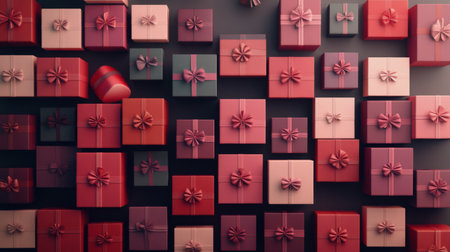 Brightly wrapped gift boxes in various colors and sizes are neatly arranged in rows, creating a festive atmosphere perfect for holiday celebrations.の素材