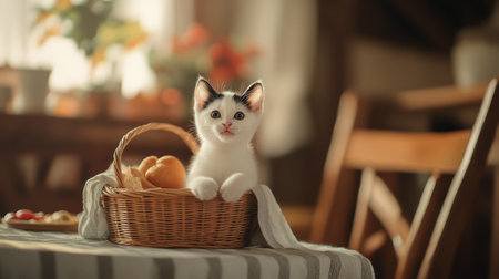 A small white kitten with black markings curiously peers from a wicker basket filled with fruit. The cozy dining area is adorned with flowers and soft lighting, creating a warm atmosphere.の素材