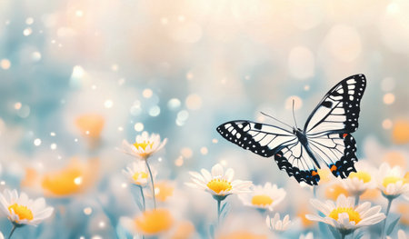 A beautiful butterfly gracefully rests on vibrant daisies, surrounded by a tranquil garden. The soft morning light enhances the colorful flowers, creating a peaceful atmosphere.の素材