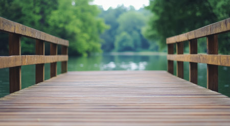 A wooden bridge leads across still water, flanked by dense greenery. The atmosphere is tranquil and slightly foggy, creating a serene escape into nature.の素材