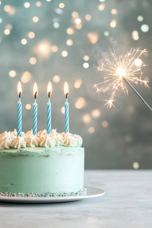 Two children joyfully celebrate a birthday with a mint green cake topped with candles. They hold sparklers, creating a festive atmosphere filled with cheerful decorations.の素材