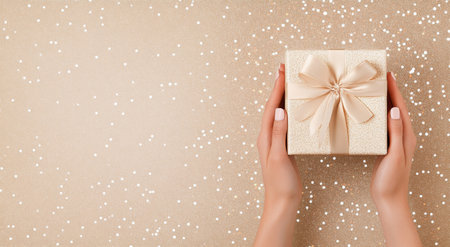 Delicate hands are presenting an elegant gift box adorned with a soft ribbon, set against a glimmering background filled with tiny sparkles, creating a festive atmosphere.の素材