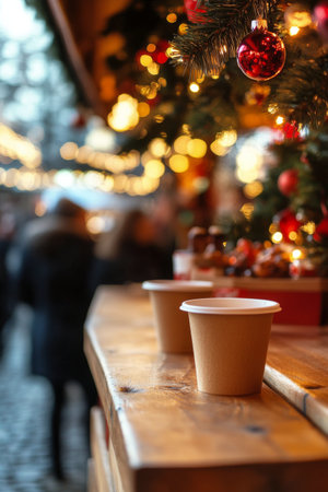 Colorful cups of warm drinks sit on a wooden counter at a bustling holiday market filled with lights and decorations. The festive atmosphere invites visitors to enjoy seasonal treats.の素材