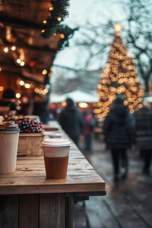 Colorful cups of warm drinks sit on a wooden counter at a bustling holiday market filled with lights and decorations. The festive atmosphere invites visitors to enjoy seasonal treats.の素材