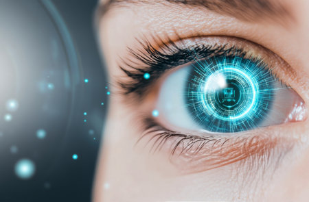 A close view of a human eye featuring a glowing digital interface overlay that symbolizes technological advancement. This depiction reflects the blend of biology and technology.の素材