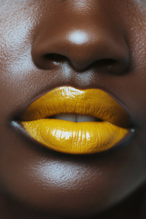 A striking close up features a pair of lips painted in vibrant yellow, set against rich dark skin. The makeup highlights artistic expression and boldness in beauty.の素材