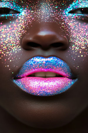 The focus is on vibrant lips covered in sparkling glitter hues of pink and blue, set against a black backdrop, showcasing creative makeup artistry at a beauty gathering or event.の素材