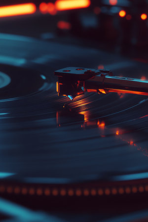 The needle of a record player rests on a rotating vinyl disc, glowing with a vibrant red light, creating a captivating atmosphere and highlighting the texture of the grooves.の素材