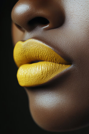 A striking close up features a pair of lips painted in vibrant yellow, set against rich dark skin. The makeup highlights artistic expression and boldness in beauty.の素材