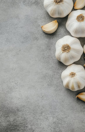 A collection of fresh garlic bulbs and cloves are neatly arranged on a textured gray surface, perfect for culinary use and recipe preparation. The natural colors emphasize their freshness.の素材