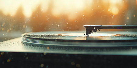 A vinyl record rotates on a turntable while a stylus rests on the groove, creating a nostalgic atmosphere with soft blue bokeh lights shining in the background.の素材