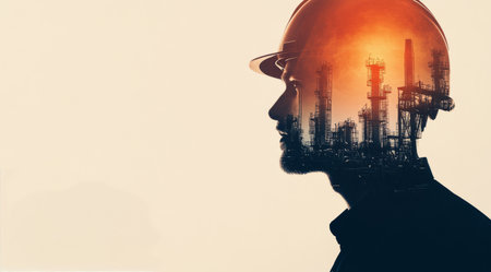 A construction worker wearing a hard hat is silhouetted against a large industrial plant. The scene captures a rich orange sunset, illuminating the background and creating a dramatic effect.の素材