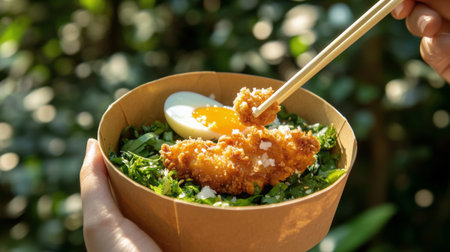 A hand holds a bowl filled with crispy fried chicken, a soft boiled egg, and vibrant salad greens. The food is surrounded by lush greenery, creating a refreshing outdoor dining experience.の素材