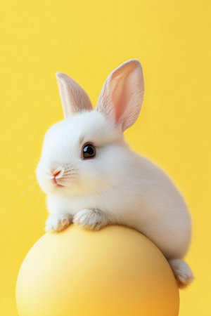 A fluffy white rabbit sits comfortably on a white egg. The vibrant yellow background highlights the playful and cheerful atmosphere, evoking feelings of spring and freshness.の素材