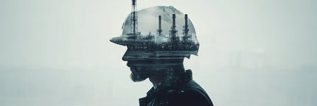 A worker wearing a safety helmet stands in profile, gazing towards a sprawling industrial complex filled with smokestacks and machinery during a stunning sunset. The sky is filled with vibrant colors.の素材