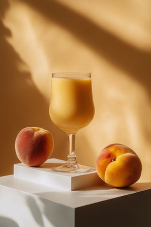 A glass filled with a creamy peach smoothie sits on a simple white pedestal. Fresh peaches are placed alongside the glass, set against a warm, softly lit background.の素材