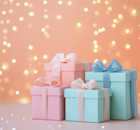 Four pastel colored gifts with ribbon bows are neatly arranged against a soft, sparkling background, creating a festive and cheerful atmosphere suitable for celebrations or special occasions.の素材