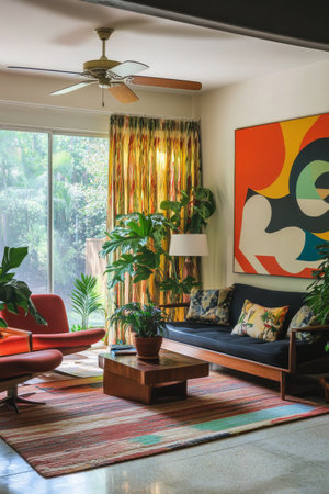 This bright living room features a stylish design with colorful curtains and a large abstract painting. Sunlight filters through large windows, creating a warm and inviting atmosphere.の素材