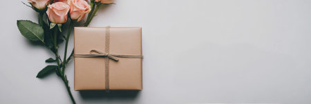 A beautifully wrapped gift box tied with twine sits alongside fresh pink roses on a minimalist background. This setting is perfect for celebrating birthdays or anniversaries.の素材