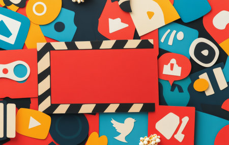 A vibrant collection of cut out social media icons and shapes is artistically arranged on a bright surface. The colorful pieces include various recognizable symbols, creating an engaging layout.の素材