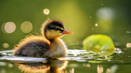 A small, fluffy duckling glides across the tranquil water, creating gentle ripples while surrounded by lush green plants. The sunlight highlights its soft feathers.の素材