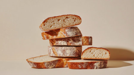 A collection of freshly sliced artisanal bread rests in a staggered arrangement, showing its crusty exterior and soft, airy interior.の素材