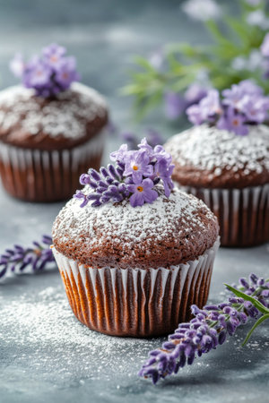 These delightful chocolate cupcakes are beautifully adorned with fresh lavender flowers and a dusting of powdered sugar. The rustic setting enhances their charm, making them perfect for any occasion.の素材