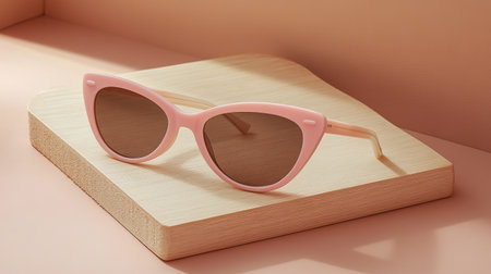 A pair of fashionable pink sunglasses is positioned on two wooden blocks. The soft pink background enhances the modern aesthetic, perfect for showing trendy eyewear.の素材