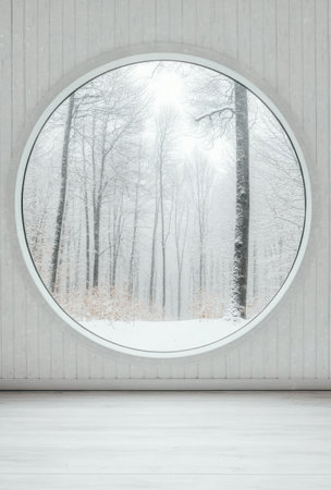 A cozy indoor space features a large round window revealing a peaceful winter landscape. Snow blankets the trees, and a still, frozen lake reflects the serene tranquility of the scene.の素材