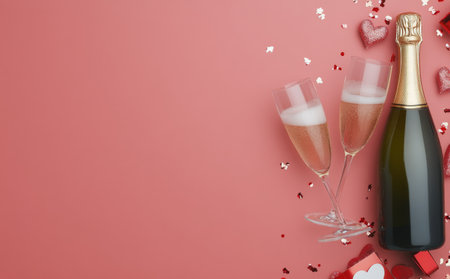 Two elegant flutes filled with sparkling wine sit beside a bottle, surrounded by heart shaped decorations on a pastel pink background, creating a festive atmosphere for romance.の素材