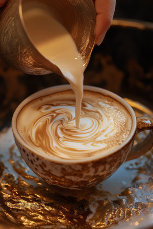 Barista skillfully pours frothed milk into espresso, creating delicate latte art. The cozy atmosphere of the cafe enhances the artistry on the cup, inviting customers to enjoy their drinks.の素材