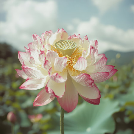 A beautiful lotus flower opens its soft white and pink petals under gentle sunlight, surrounded by lush greenery. The flower stands tall above the water, radiating tranquility.の素材
