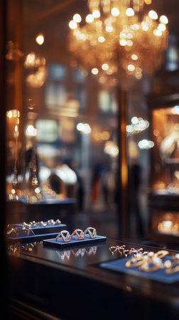 A stunning arrangement of fine jewelry is showcased in a chic boutique with soft lighting. The space exudes elegance, reflecting light beautifully through crystal accents.の素材