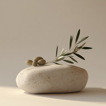 A smooth, textured stone supports a delicate olive branch with several olives resting atop it. The composition highlights a serene and calming aesthetic, emphasizing natural elements.の素材