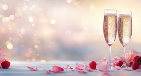 Two elegant glasses filled with sparkling drink sit on a surface adorned with fresh raspberries and flower petals. The background features a soft bokeh effect, enhancing the celebratory mood.の素材