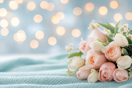 A bouquet of delicate pink tulips rests on a soft textured surface. The background features a dreamy blend of soft bokeh lights, creating a serene and inviting atmosphere.の素材