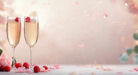Two elegant glasses filled with sparkling drink sit on a surface adorned with fresh raspberries and flower petals. The background features a soft bokeh effect, enhancing the celebratory mood.の素材