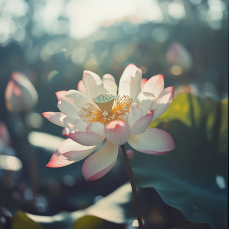 A beautiful lotus flower opens its soft white and pink petals under gentle sunlight, surrounded by lush greenery. The flower stands tall above the water, radiating tranquility.の素材