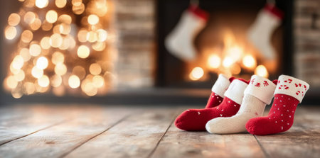 Festive red and white stockings adorn a wooden floor in front of a warm fireplace, with a glowing Christmas tree adding a cheerful ambiance. This scene captures the essence of holiday warmth.の素材