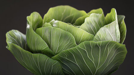 Vibrant green lettuce reveals its detailed leaf patterns and textures in a close up view that highlights its freshness and natural curves, suggesting a healthy environment for growth.の素材