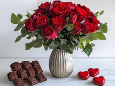 A stunning arrangement of vibrant red roses is displayed in a sleek vase, surrounded by an assortment of chocolate treats. The elegant composition radiates warmth and romance.の素材