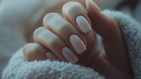 A hand with a beautifully manicured set of nails featuring a sparkling white polish rests gently on a soft, textured fabric.の素材