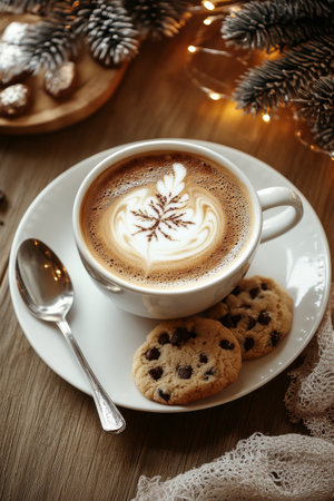 Delicious coffee topped with an intricate foam design sits next to two chocolate chip cookies. Soft lights twinkle in the background, creating a warm and inviting atmosphere perfect for relaxation.の素材