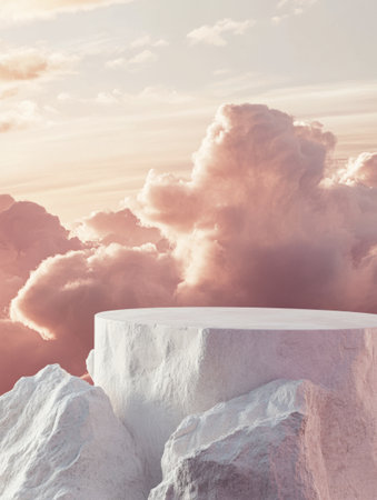 A panoramic view features a smooth white rock formation resembling clouds, set against a soft pastel sky at dusk. The tranquil scene showcases the beauty of natures textures and colors.の素材