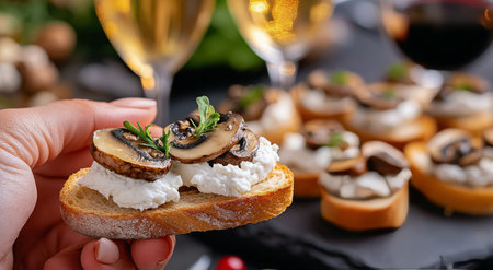A hand holds a delicious canape topped with creamy cheese and sauted mushrooms. Surrounding the appetizer are more canapes and drinks, creating an inviting atmosphere.の素材