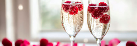 Two elegant champagne flutes filled with sparkling wine and garnished with fresh raspberries sit on a table surrounded by scattered rose petals.の素材
