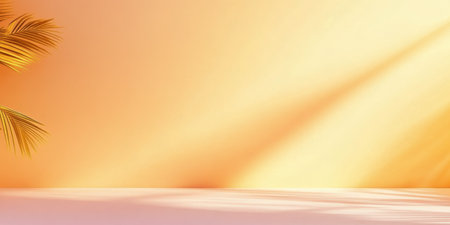 A smooth beige background is illuminated by soft sunlight, while delicate palm fronds create gentle shadows. The warm colors evoke a tropical ambiance, perfect for relaxation.の素材
